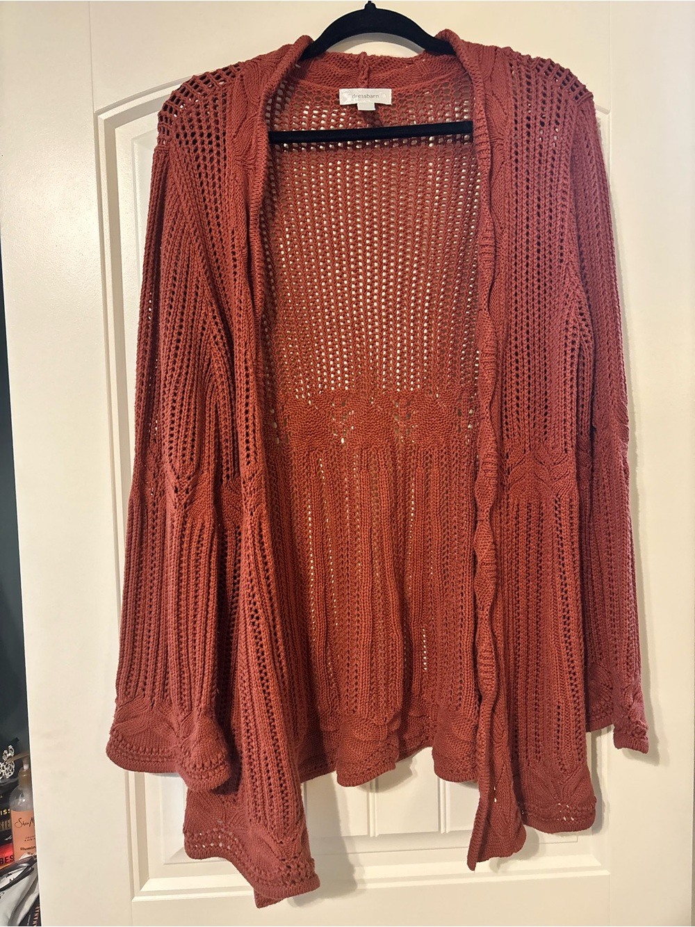 dressbarn Open-Weave Hooded Cardigan in Rusty Orange